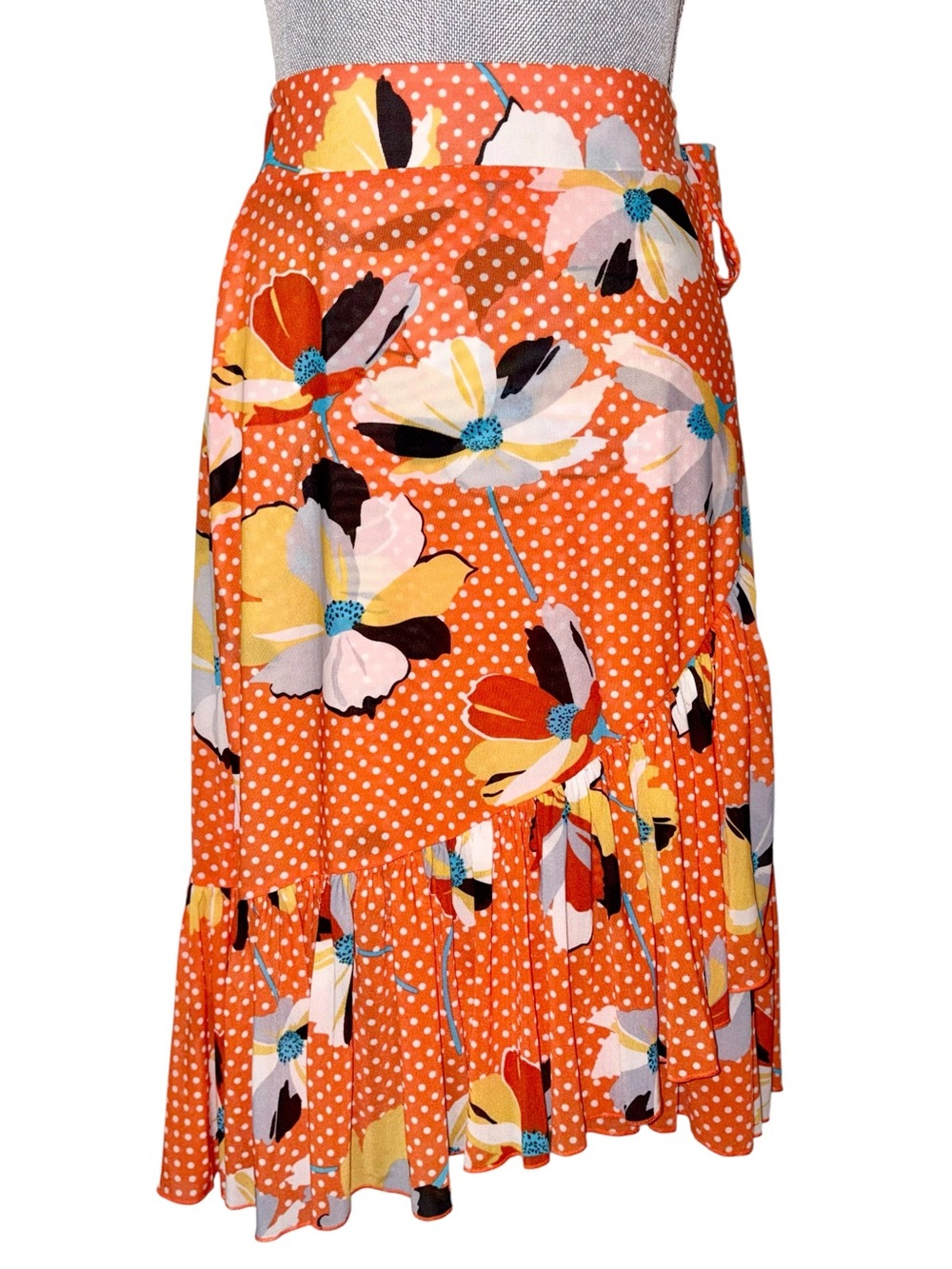 Cabi Orange Floral Polka Dot Sheer Side Tie Wrap Skirt